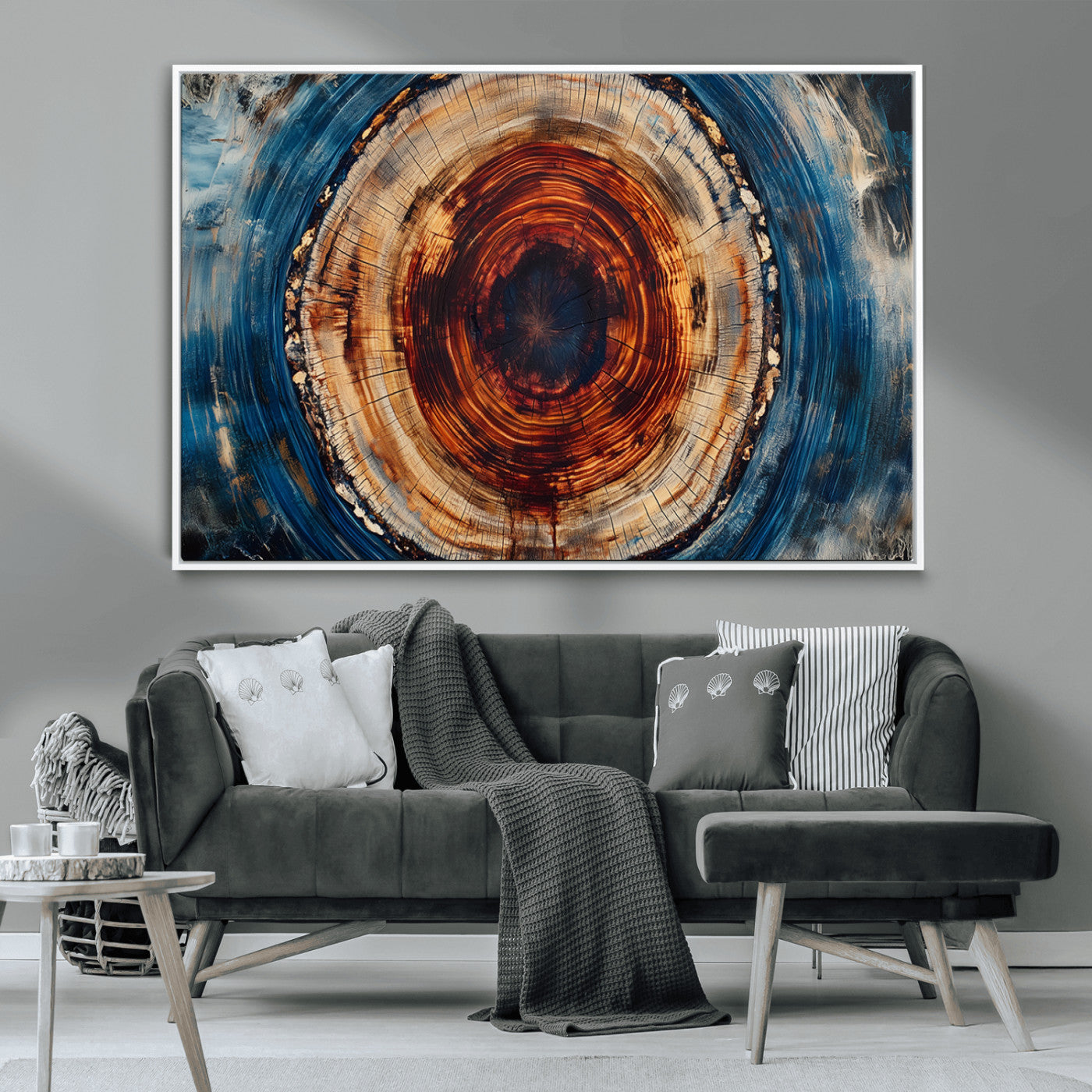 90395-MGV-CV-36X24-Tree Ring Wall Art – Abstract Wood Grain Canvas Print with Fiery Red and Blue Tones, Bold Rustic Nature Inspired Artwork Decor for