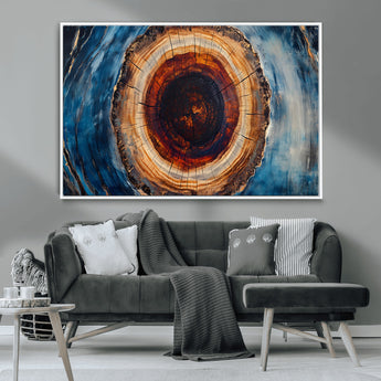 30457-MGV-CV-36X24-Tree Ring Wall Art – Abstract Wood Grain Canvas Print with Brown and Blue Swirl, Rustic Nature Inspired Artwork for Living Room,