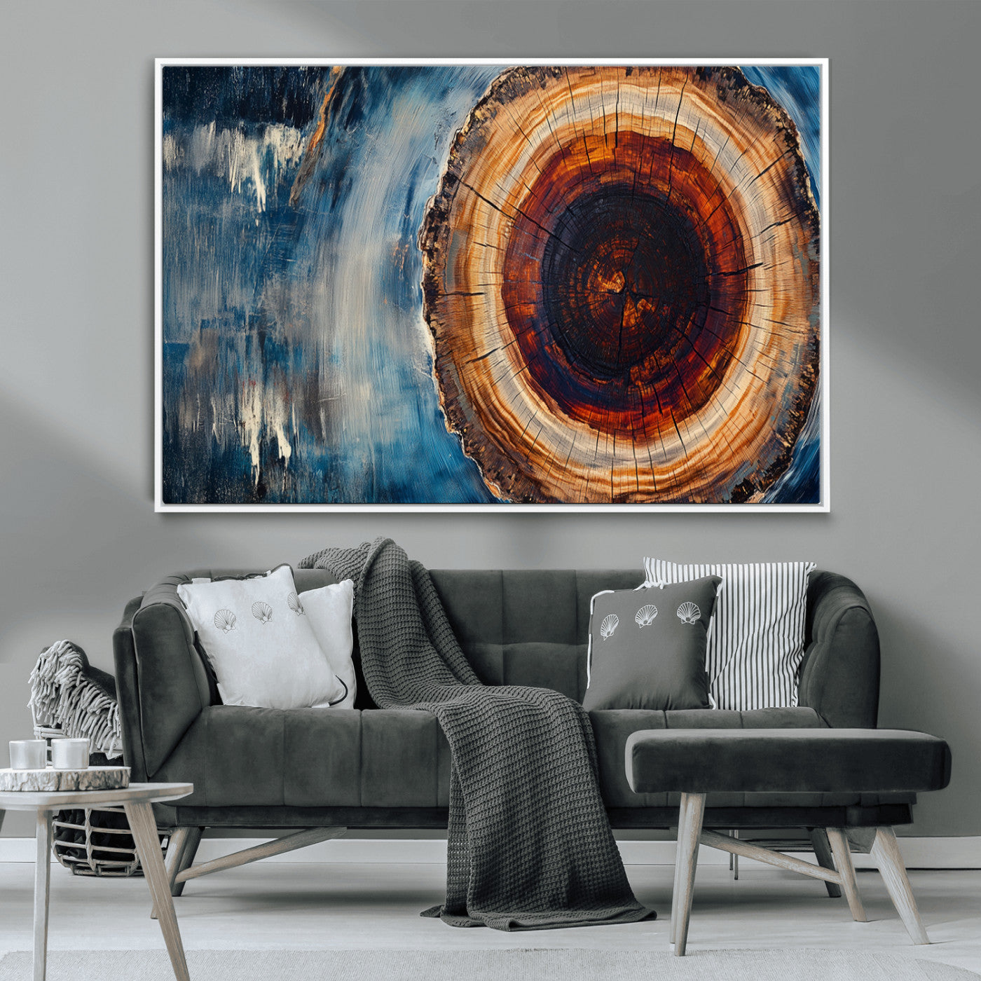 48045-MGV-CV-36X24-Tree Ring Abstract Wall Art – Rustic Wood Grain Canvas Print with Brown Center and Blue Brush Strokes, Nature Inspired Artwork for