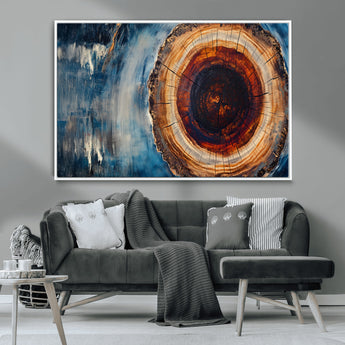 48045-MGV-CV-36X24-Tree Ring Abstract Wall Art – Rustic Wood Grain Canvas Print with Brown Center and Blue Brush Strokes, Nature Inspired Artwork for