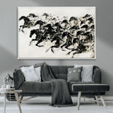 23069-MGV-CV-36X24-Galloping Horses Wall Art – Black Ink Painting on Canvas, Dynamic Equestrian Artwork with Running Stallions, Expressive Modern