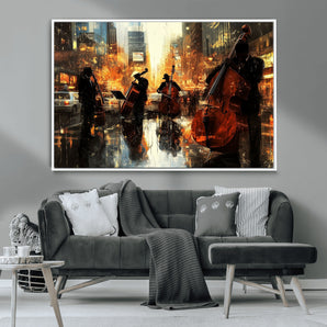 22398-MGV-CV-36X24-Urban Jazz Band Wall Art – Golden City Street Music Scene Canvas Print, Vintage Jazz Musicians Painting for Living Room, Office,