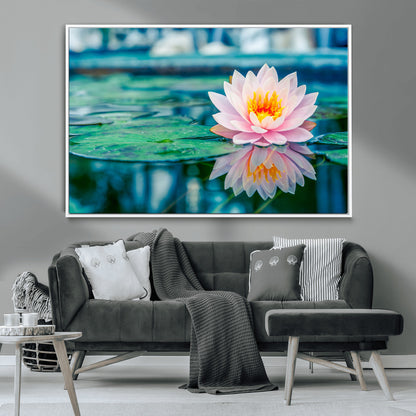 65933-MGV-CV-36X24-Pink Water Lily Wall Art – Lotus Flower Canvas Print with Reflection on Calm Water, Peaceful Botanical Artwork for Living Room,