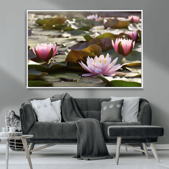 72218-MGV-CV-36X24-Water Lily Pond Wall Art – Pink Lotus Flowers Canvas Print with Green Lily Pads, Peaceful Botanical Artwork for Living Room,