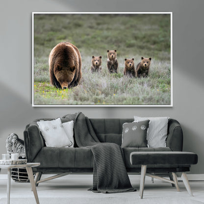 65087B-MGV-CV-36X24-Bear Family Wall Art – Wildlife Canvas Print Featuring Mother Bear with Cubs in Nature, Rustic Animal Artwork for Living Room,