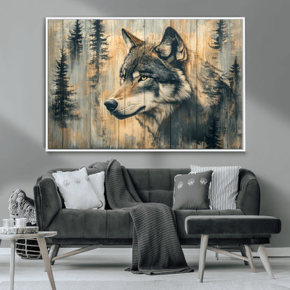 51892-MGV-CV-36X24-Wolf Wall Art – Rustic Canvas Print of Wolf with Forest Trees on Wood Texture, Wildlife Lodge Artwork for Living Room, Bedroom,