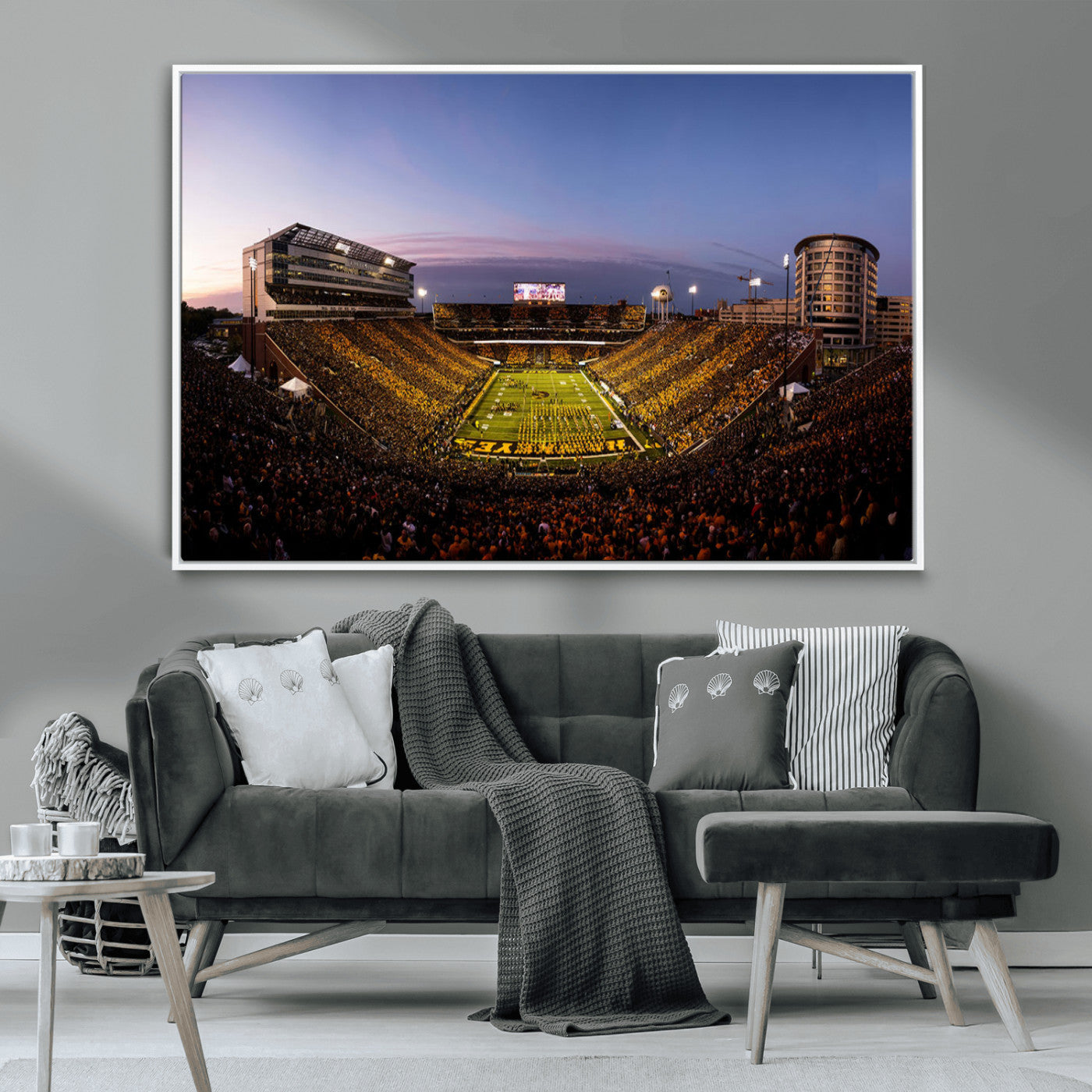 82557-MGV-CV-36X24-College Football Stadium Wall Art – Panoramic Sunset Canvas Print with Marching Band and Game Day Crowd, Sports Artwork for Man