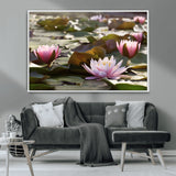 28394-MGV-CV-36X24-Water Lily Pond Wall Art – Pink Lotus Flowers Canvas Print with Green Lily Pads, Peaceful Botanical Artwork for Living Room,
