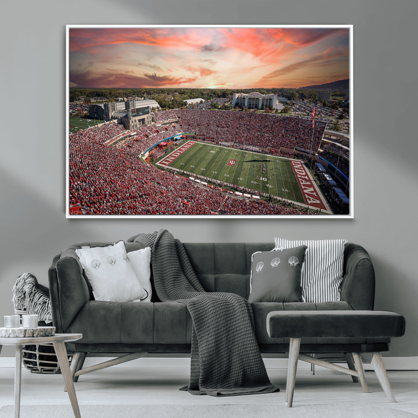 51135-MGV-CV-36X24-Indiana Hoosiers Stadium Wall Art – Panoramic Football Canvas Print with Game Day Crowd and Sunset Sky, Sports Artwork for Man