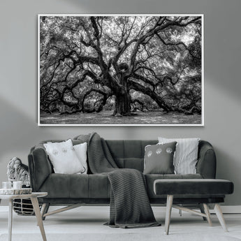 132944706-MGV-CV-36X24-Ancient Tree Wall Art – Black and White Photography Canvas Print Featuring Majestic Twisting Branches, Rustic Nature Artwork for