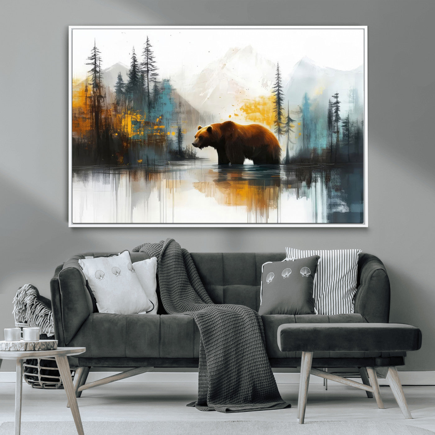 50308-MGV-CV-36X24-Abstract Rustic Bear Wall Art – Forest and Mountain Scene Canvas Print, Nature Artwork for Modern Farmhouse or Log Cabin Decor