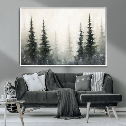 33241-MGV-CV-36X24-Misty Forest Wall Art Canvas Print, Framed Foggy Pines Art Picture Print, Forest Haze Perfect Rustic Minimalist Decor Artwork
