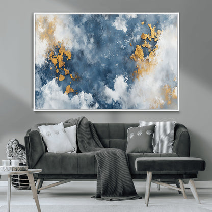 39575-MGV-CV-36X24-Blue and Gold Abstract Wall Art – Modern Canvas Print Featuring Cloudy Textures with Metallic Accents, Contemporary Artwork for