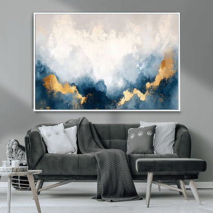 14578-MGV-CV-36X24-Abstract Wall Art – Modern Canvas Print Featuring Blue and White Clouds with Golden Accents, Contemporary Elegant Artwork for