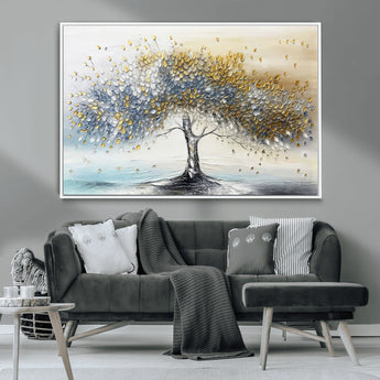 24771-MGV-CV-36X24-Silver Tree Wall Art Canvas Print, Framed Golden Leaves Art Picture Print, Metallic Tree Perfect Minimalist Luxury Decor Artwork