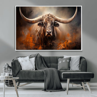 240479-MGV-CV-36X24-Longhorn Bull Wall Art – Dramatic Western Canvas Print Featuring Horned Bull with Fiery Background, Rustic Farmhouse Artwork for