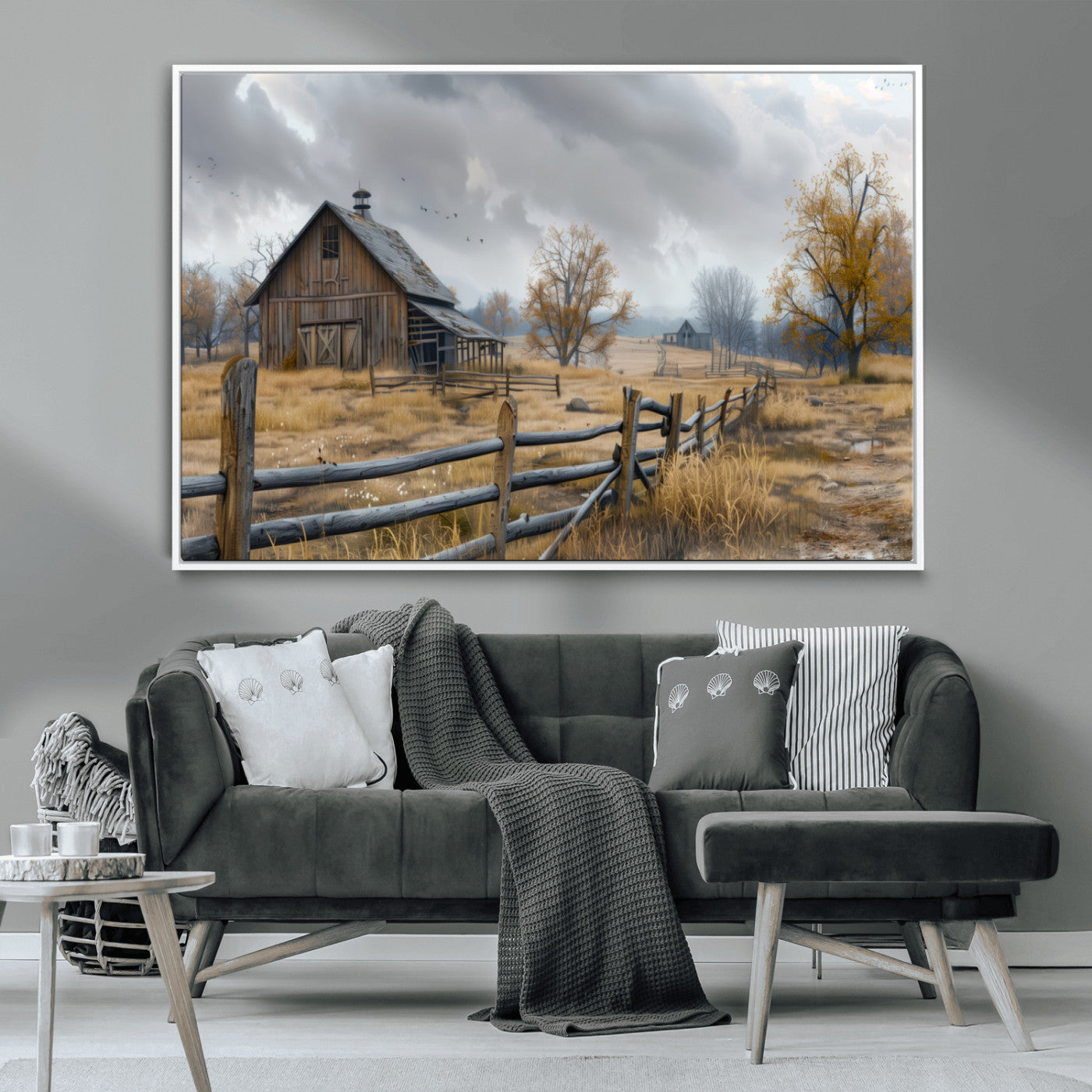 Farm1-MGV-CV-36X24-Rustic Autumn Farmhouse Wall Art – Serene Countryside Scene Canvas Print, Weathered Barn and Autumn Trees Decor for Living Room,