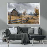 Farm1-MGV-CV-36X24-Rustic Autumn Farmhouse Wall Art – Serene Countryside Scene Canvas Print, Weathered Barn and Autumn Trees Decor for Living Room,