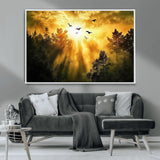13776802-MGV-CV-36X24-Golden Forest Wall Art Canvas Print, Framed Sunset Pines Art Picture Print, Flying Birds Perfect Nature Glow Decor Artwork