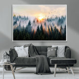 56391411-MGV-CV-36X24-Misty Forest Wall Art Canvas Print, Framed Sunrise Pines Art Picture Print, Moody Pines Perfect Serene Woodland Decor Artwork