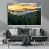68082278-MGV-CV-36X24-Mountain Sunrise Wall Art Canvas Print, Framed Pine Forest Art Picture Print, Misty Mountains Perfect Earthy Woodland Decor