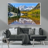 87724099-MGV-CV-36X24-Maroon Bells Wall Art Canvas Print, Framed Snowy Mountains Art Picture Print, Pine Forest Perfect Vibrant Alpine Decor Artwork