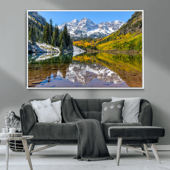 87724099-MGV-CV-36X24-Maroon Bells Wall Art Canvas Print, Framed Snowy Mountains Art Picture Print, Pine Forest Perfect Vibrant Alpine Decor Artwork