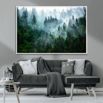 17393683-MGV-CV-36X24-Misty Forest Art Wall Art Canvas Print, Framed Foggy Mountain Art Art Picture Print, Scenic Wall Print Perfect Decor Artwork