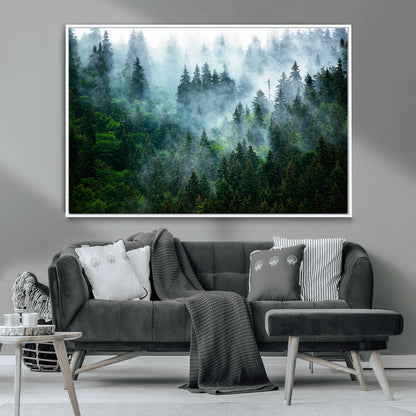 17393683-MGV-CV-36X24-Misty Forest Art Wall Art Canvas Print, Framed Foggy Mountain Art Art Picture Print, Scenic Wall Print Perfect Decor Artwork