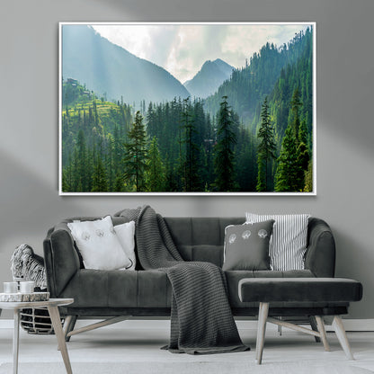 83417191-MGV-CV-36X24-Misty Mountain Forest Wall Art – Pine Tree Landscape Canvas Print, Nature Photography Panorama, Tranquil Green Forest Décor for