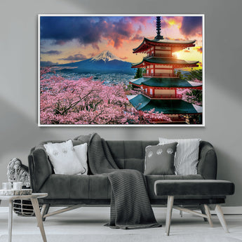 32331262-MGV-CV-36X24-Mount Fuji Japan Wall Art – Cherry Blossom Landscape Canvas Print, Chureito Pagoda Sunset Photography, Japanese Nature Travel
