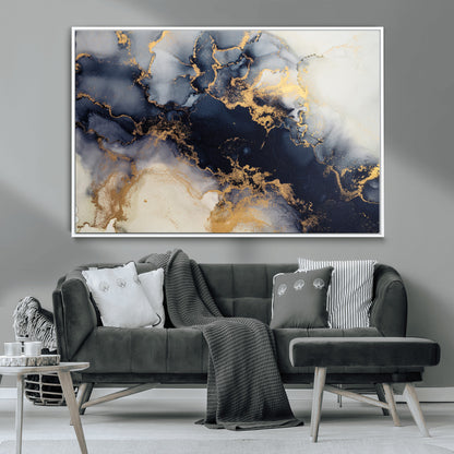41136487-MGV-CV-36X24-Black Marble Wall Art Canvas Print, Framed Gold Veins Art Picture Print, Abstract Texture Perfect Moody Luxe Decor Artwork