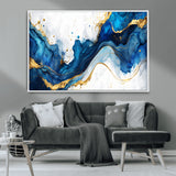 33506371-MGV-CV-36X24-Blue Marble Wall Art Canvas Print, Framed Gold Splash Art Picture Print, Abstract Wave Perfect Modern Luxe Decor Artwork