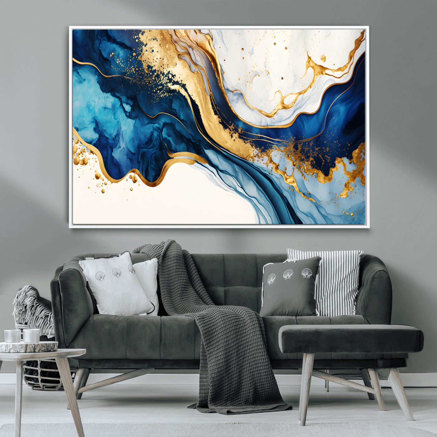 60283636-MGV-CV-36X24-Blue Gold Flow Wall Art Canvas Print, Framed Marble Texture Art Picture Print, Elegant Splash Perfect Elegant Abstract Decor