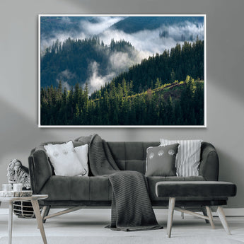 84598503-MGV-FC-36X24_White-Misty Forest Wall Art Canvas Print, Framed Pine Hills Art Picture Print, Moody Hills Perfect Moody Woodland Decor Artwork