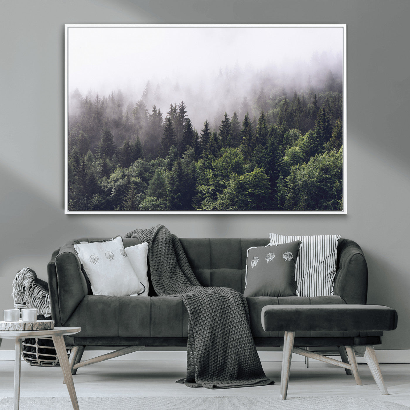 62890402-MGV-CV-36X24-Misty Forest Wall Art Canvas Print, Framed Foggy Pines Art Picture Print, Pine Valley Perfect Moody Woodland Decor Artwork