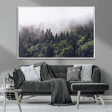 62890402-MGV-CV-36X24-Misty Forest Wall Art Canvas Print, Framed Foggy Pines Art Picture Print, Pine Valley Perfect Moody Woodland Decor Artwork