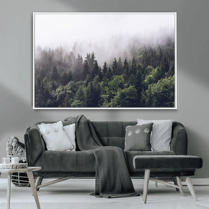 62890402-MGV-CV-36X24-Misty Forest Wall Art Canvas Print, Framed Foggy Pines Art Picture Print, Pine Valley Perfect Moody Woodland Decor Artwork