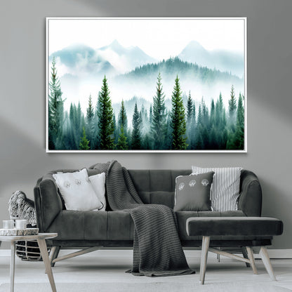 16716676-MGV-CV-36X24-Pine Forest Wall Art Canvas Print, Framed Misty Mountains Art Picture Print, Foggy Trees Perfect Moody Forest Decor Artwork