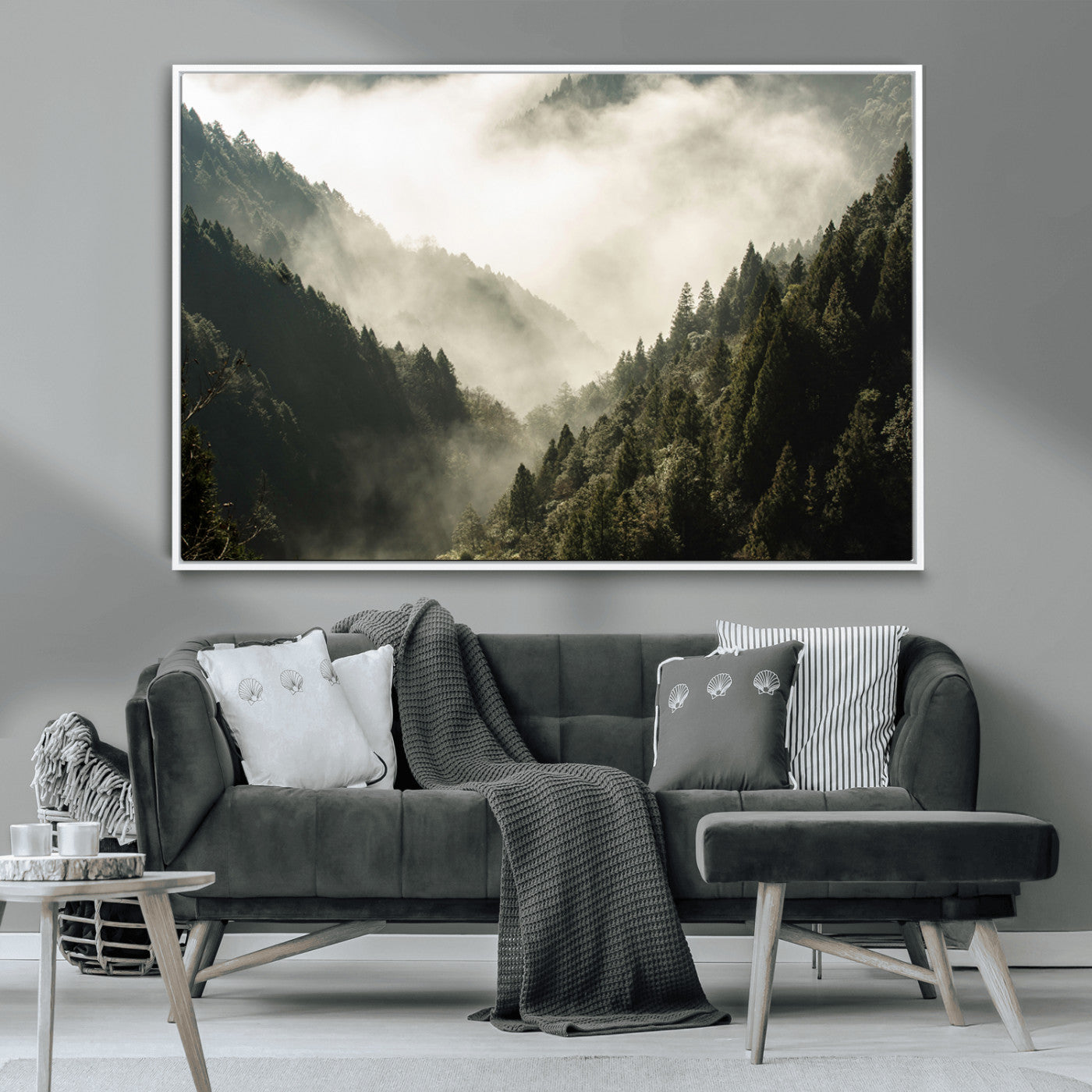 57570237-MGV-CV-36X24-Misty Valley Wall Art Canvas Print, Framed Foggy Forest Art Picture Print, Pine Trees Perfect Moody Woodland Decor Artwork