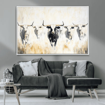 40397799-MGV-CV-36X24-Texas Longhorn Wall Art Canvas Print, Framed Rustic Herd Art Picture Print, Western Bull Perfect Neutral Western Decor Artwork