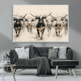 61538944-MGV-CV-36X24-Texas Longhorn Wall Art Canvas Print, Framed Cattles Walking Art Picture Print, Black White Bulls Perfect Rustic Western Decor