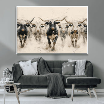 61538944-MGV-CV-36X24-Texas Longhorn Wall Art Canvas Print, Framed Cattles Walking Art Picture Print, Black White Bulls Perfect Rustic Western Decor