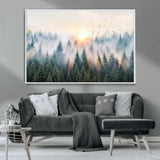 92718976-MGV-CV-36X24-Misty Forest Wall Art Canvas Print, Framed Sunrise Pines Art Picture Print, Foggy Woodland Perfect Moody Woodland Decor Artwork