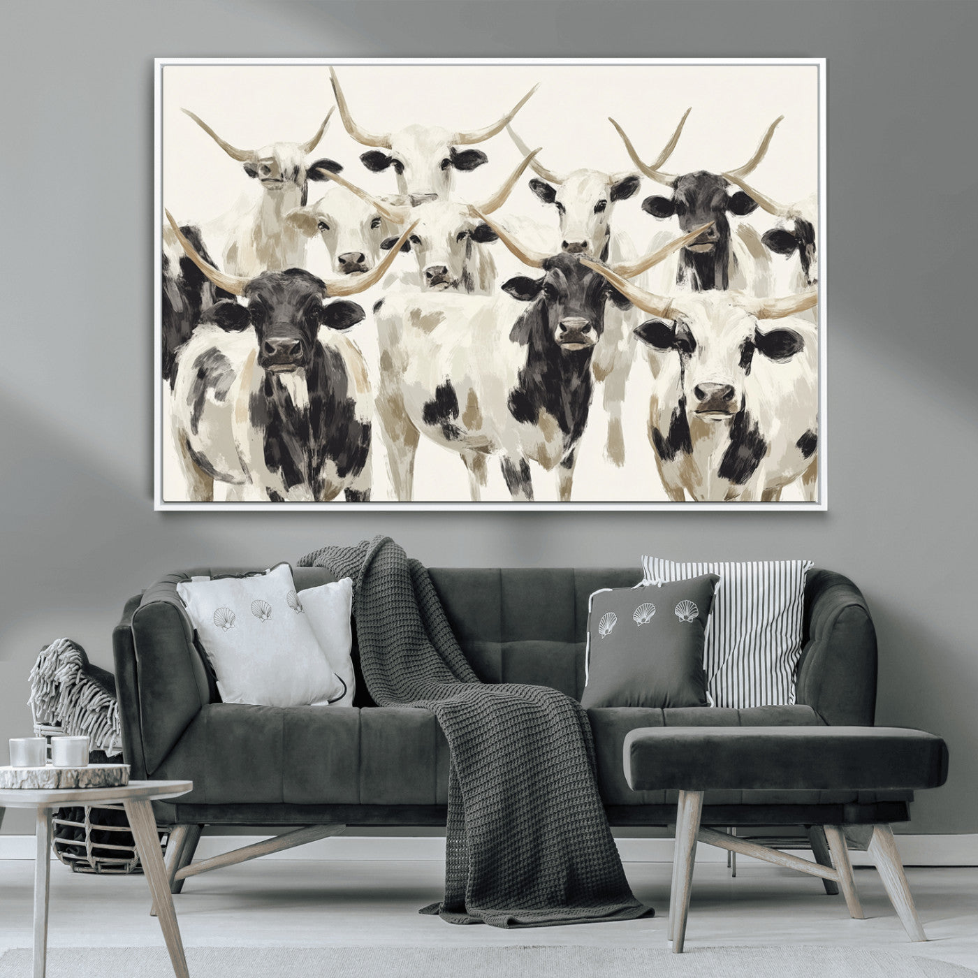 52947970-MGV-CV-36X24-Texas Longhorn Wall Art Canvas Print, Framed Cattle Herd Art Picture Print, Herd Portrait Perfect Modern Farmhouse Decor Artwork