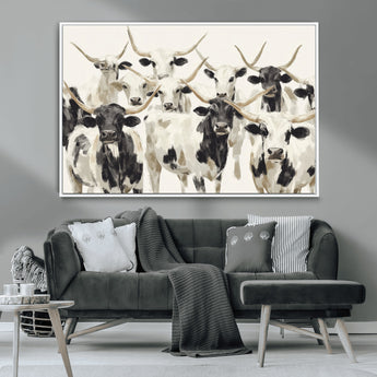 52947970-MGV-CV-36X24-Texas Longhorn Wall Art Canvas Print, Framed Cattle Herd Art Picture Print, Herd Portrait Perfect Modern Farmhouse Decor Artwork