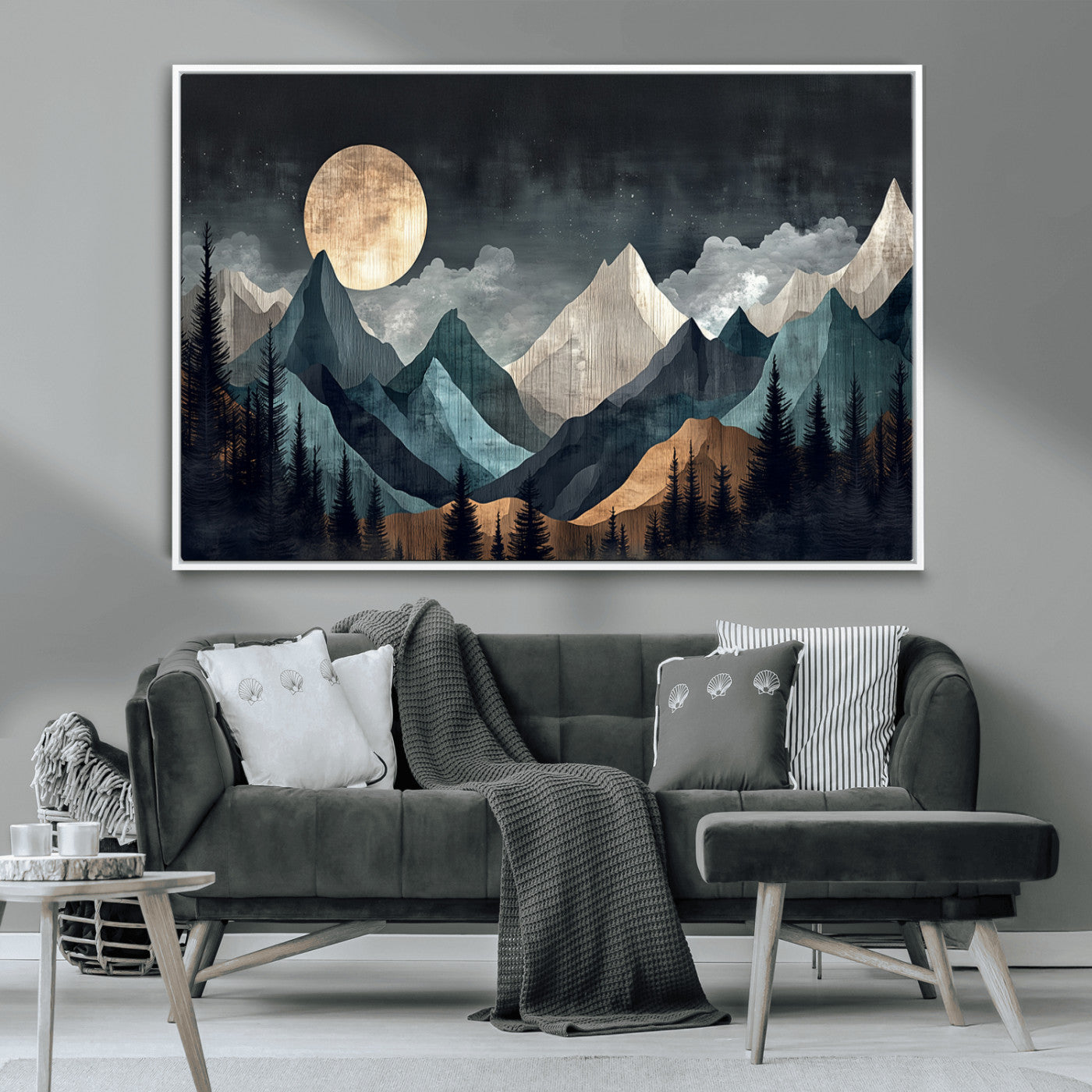 11060882-MGV-CV-36X24-Moonlit Mountains Wall Art Canvas Print, Framed Forest Silhouette Art Picture Print, Night Landscape Perfect Modern Forest Decor