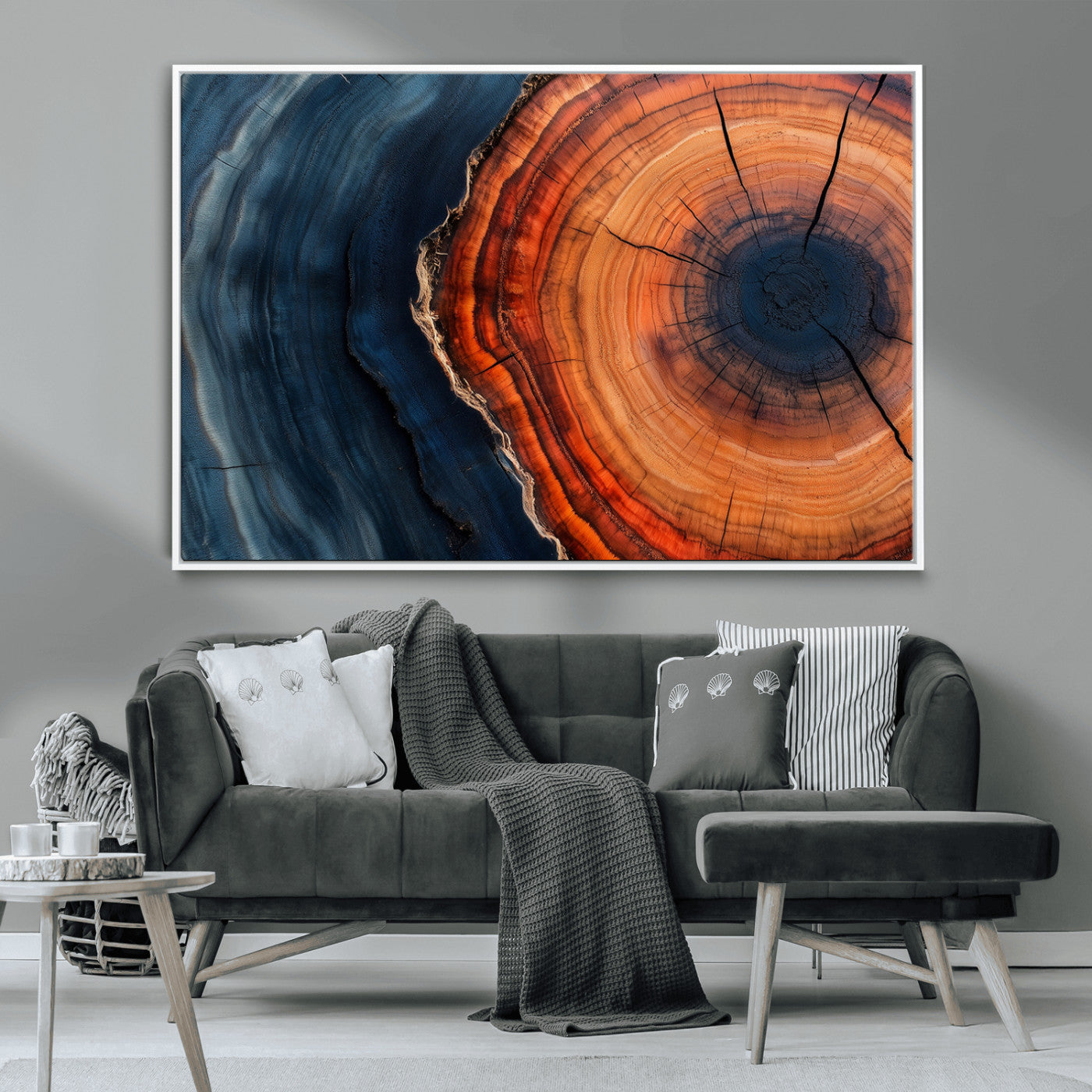 57732250-MGV-CV-36X24-Tree Ring Abstract Wall Art – Blue Orange Wood Grain Canvas Print, Modern Rustic Nature Artwork for Living Room, Office,