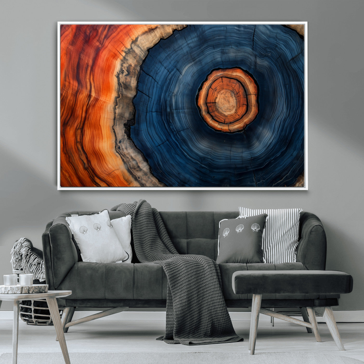 72209152-MGV-CV-36X24-Abstract Tree Ring Wall Art – Vibrant Blue Orange Wood Grain Canvas Print, Rustic Modern Nature Artwork for Living Room, Office,