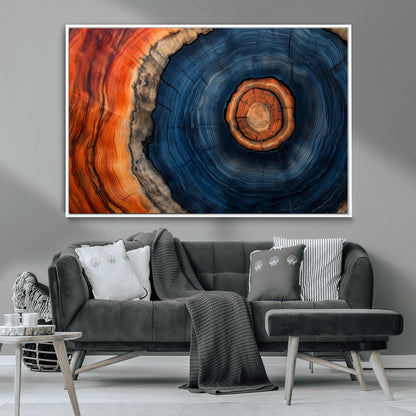 72209152-MGV-CV-36X24-Abstract Tree Ring Wall Art – Vibrant Blue Orange Wood Grain Canvas Print, Rustic Modern Nature Artwork for Living Room, Office,
